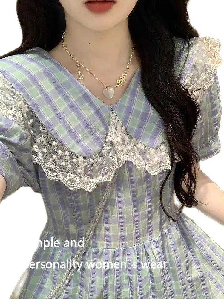 Dress Plaid Doll Collar Waist Sweet Knee-Length 2024 New Women'S Summer French First Love Gentle Style Long Skirt
