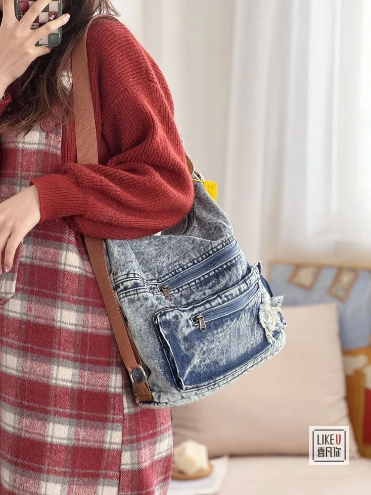 Korean Retro Washed Denim Women's Bag Spicy Girl One Shoulder Tote Student Fashion Versatile Backpack