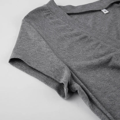 Casual Grey V-neck Crop Top Women Basic Skinny Short Sleeve Knitted T-shirts for Summer y2k Vintage Harajuku Tees Retro