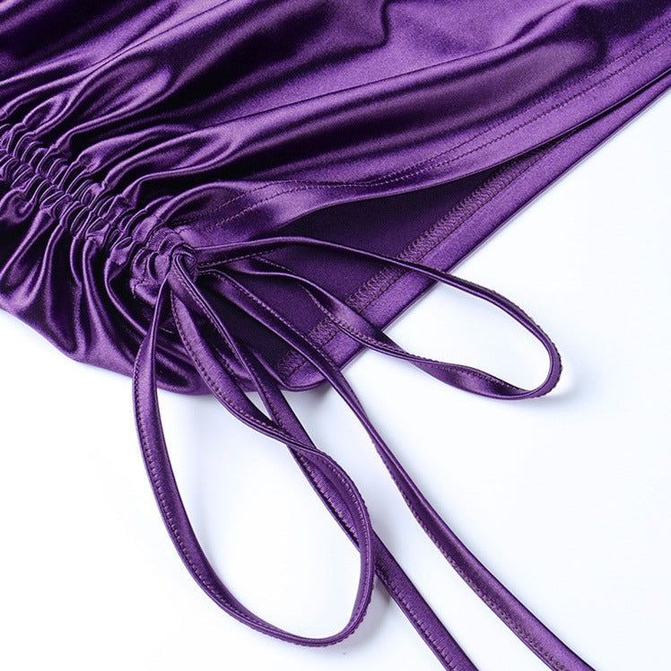 Cowl Neck Chain Strap Side Ruched Drawstring Hem Satin Mini Dress