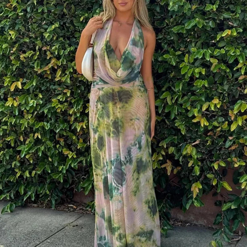 Sexy Sleeveless Printed Swinging Collar Tops&Half Skirts Sets Elegant Backless Vest High Waisted Skirts 2PC Sets Summer Outfits