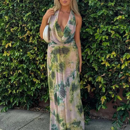 Sexy Sleeveless Printed Swinging Collar Tops&Half Skirts Sets Elegant Backless Vest High Waisted Skirts 2PC Sets Summer Outfits