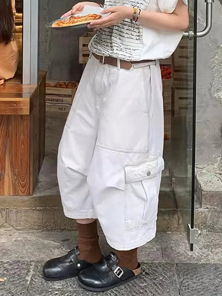 Big Pockets White Denim Cargo Pants Women Solid Vintage Pintuck Adjustable Low Waist Wide Leg Baggy Jorts Summer Clothes