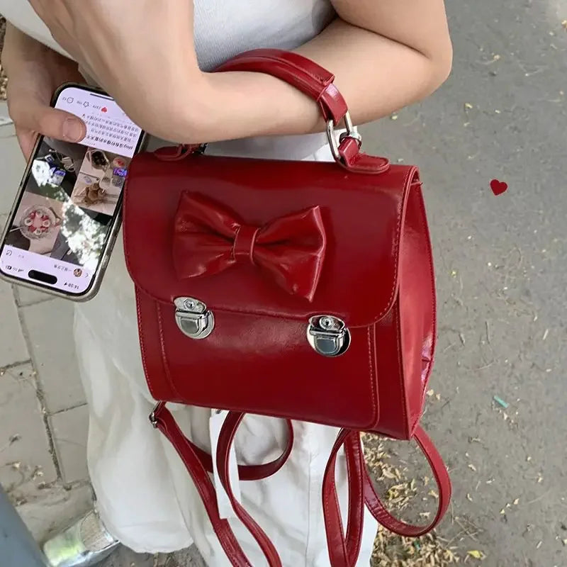 Elegant Womens Backpack Cute Bow Vintage Red Small Square Casual Backpack Fashion Gentle Advanced Female Korean Popular Bag