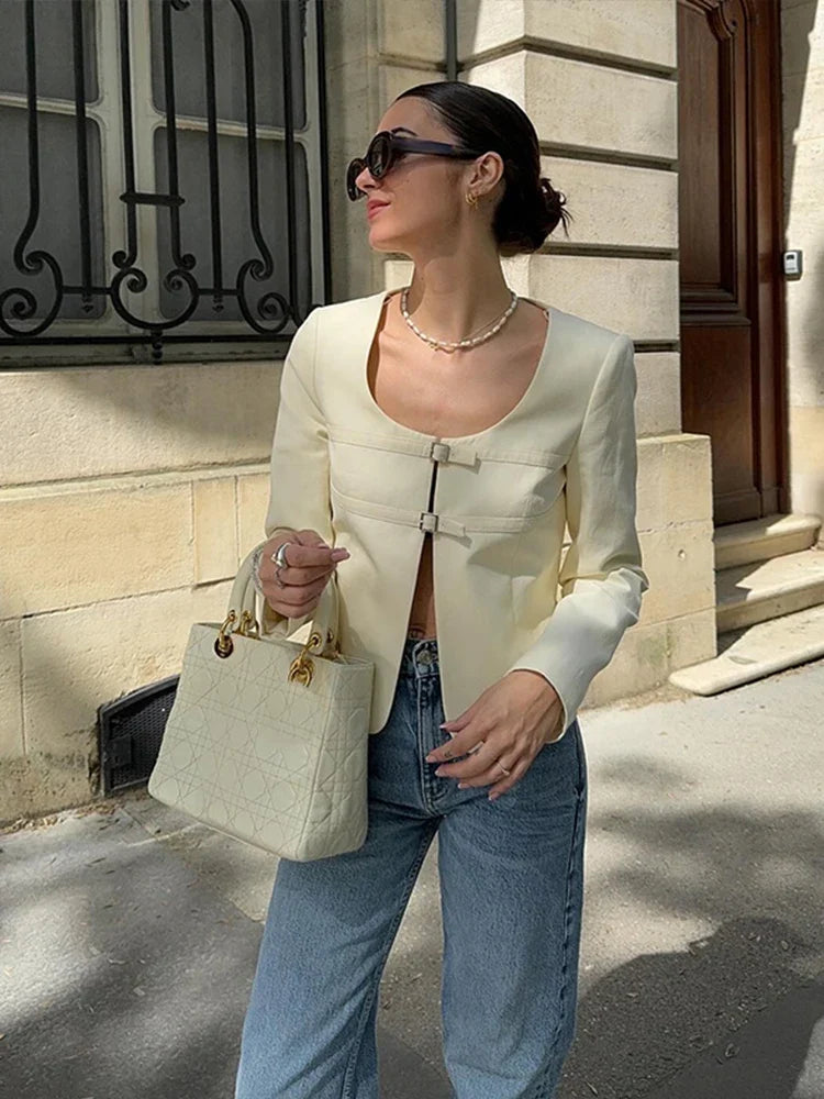 Women's Casual Lace Up Top White Denim Jacket Metal Buckle Hollow V Neck Long Sleeved Loose Solid Color Women's Top