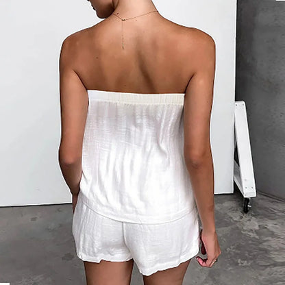 Tube Tops Blouse Tops&Elastic Waist Shorts Set All Match New One Shoulder Fashionable Outfit Summer Solid 2Pcs Suit Women