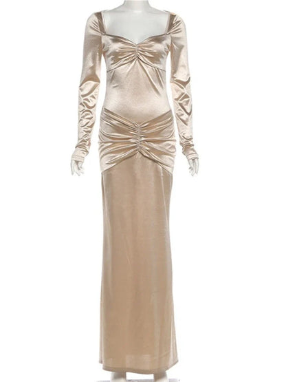 Women's Elegant Champagne Square Neck Long Sleeve Maxi Dress New Stylish Ruched Slim Bodycon Dress for Eveing Party Gown