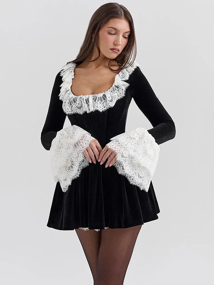 Square Neck Long Sleeve Lace Panel Corset Mini Dress