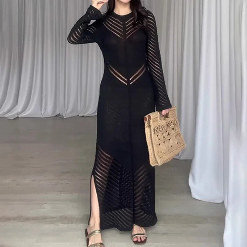 Chevron Mesh Panel Crew Neck Sleeveless Side Slit Knit Maxi Dress