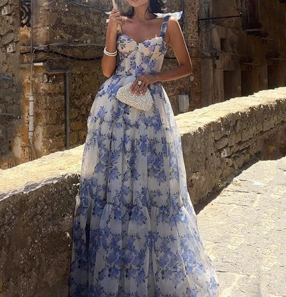 Floral Print Corset Bow Shoulder Strap Tiered Ruffle Ball Gown Maxi Dress