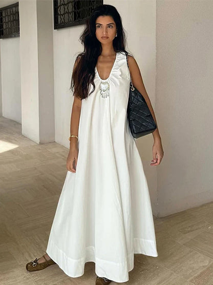 Elegant V-neck Long Dress Women Loose White Sleeveless Backless A-line Beach Dresses 2025 Summer Lady Casual Solid Chic Robes