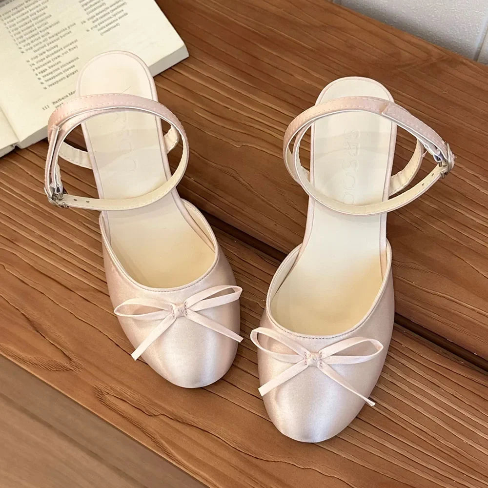 Women's Satin Round Toe Bowknot Block Heel Mary Janes Shoes Ankle Buckle Strap Slingback Pumps Wedding Party High Heels Shoes