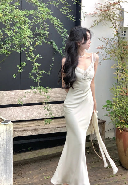 White Satin Spaghetti Strap Long Dresses for Women Summer New Elegant Party Sweet Sleeveless Female Clothing Holiday Casual
