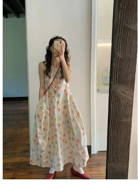 Gradient Floral Print Sleeveless Vest Dress Women's Summer Casual Cotton Long Dress Commute Style A-Line Silhouette