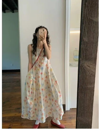 Gradient Floral Print Sleeveless Vest Dress Women's Summer Casual Cotton Long Dress Commute Style A-Line Silhouette