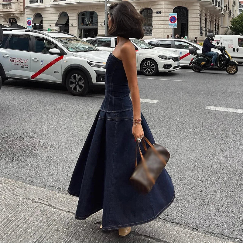 Vintage Denim Vest Skirt Women Outfit Elegant Slash Neck Tank Top Pleated Zippers Mid Skirts Summer Fashion Lady Set