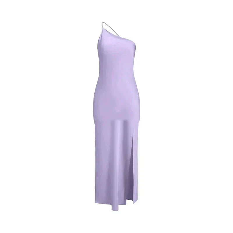 Asymmetric Strap Backless Slit Satin Maxi Dress