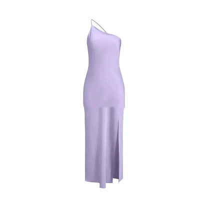 Asymmetric Strap Backless Slit Satin Maxi Dress