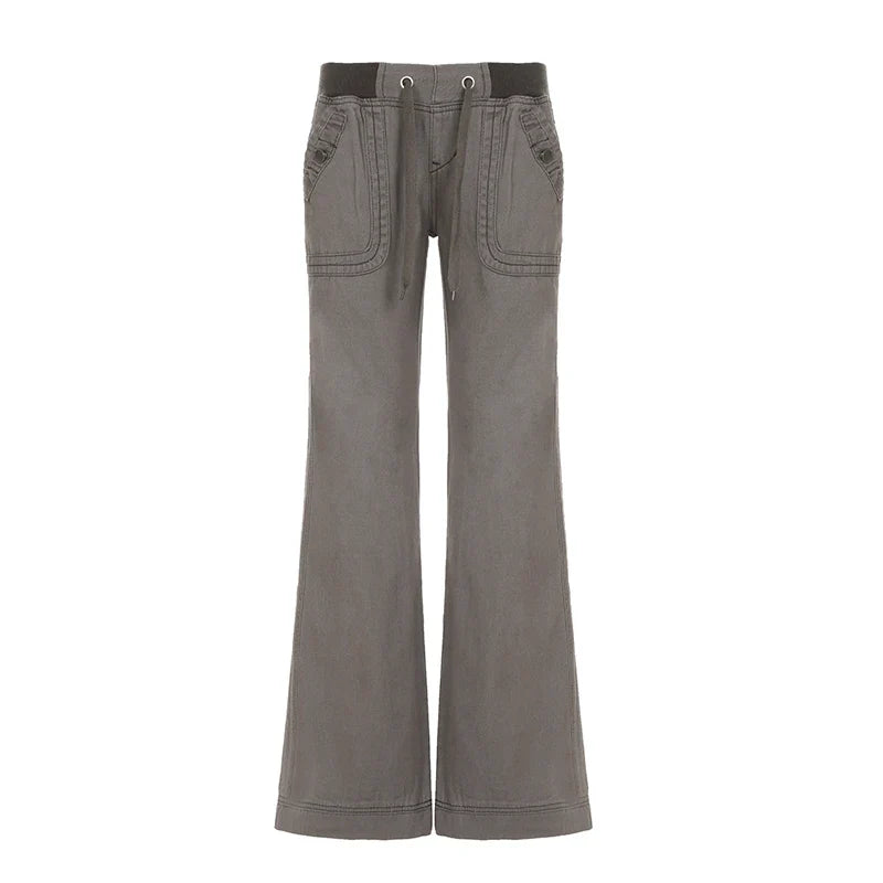 Vintage Low Drawstring Waist Jeans Women Contrast Patchwork Multi Pocket Denim Trousers Boot Cut Pants Y2K Aesthetic