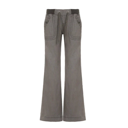 Vintage Low Drawstring Waist Jeans Women Contrast Patchwork Multi Pocket Denim Trousers Boot Cut Pants Y2K Aesthetic