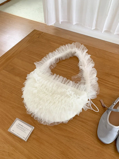 Luxury Design Ruffles Pleated Shoulder Underarm Bag Sweet Girls Y2k Fairy Chic Hobo Bags Mesh Women Solid Purses and Handbags