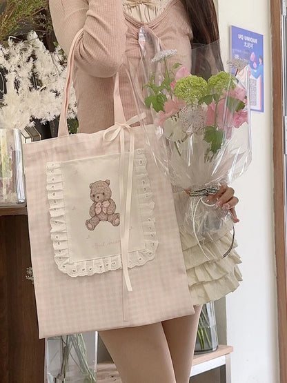 Pink Bear Shoulder Bag for Women, Large Capacity, Casual Totes, Ladies Cute Canvas Bags, Bucket Handbag, New, 2024