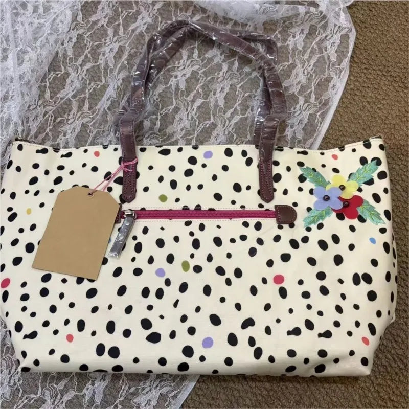 Japanese Retro Polka Dot Floral Tote Bag Women Print Large Capacity Shoulder Bag Ladies Harajuku Everyday Versatile Handbag Chic