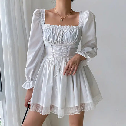 Dress Lace Splicing Puff Sleeves Strap Waist Yabi Long-Sleeved 2024 Spring And Summer New French Ins Princess Skirt