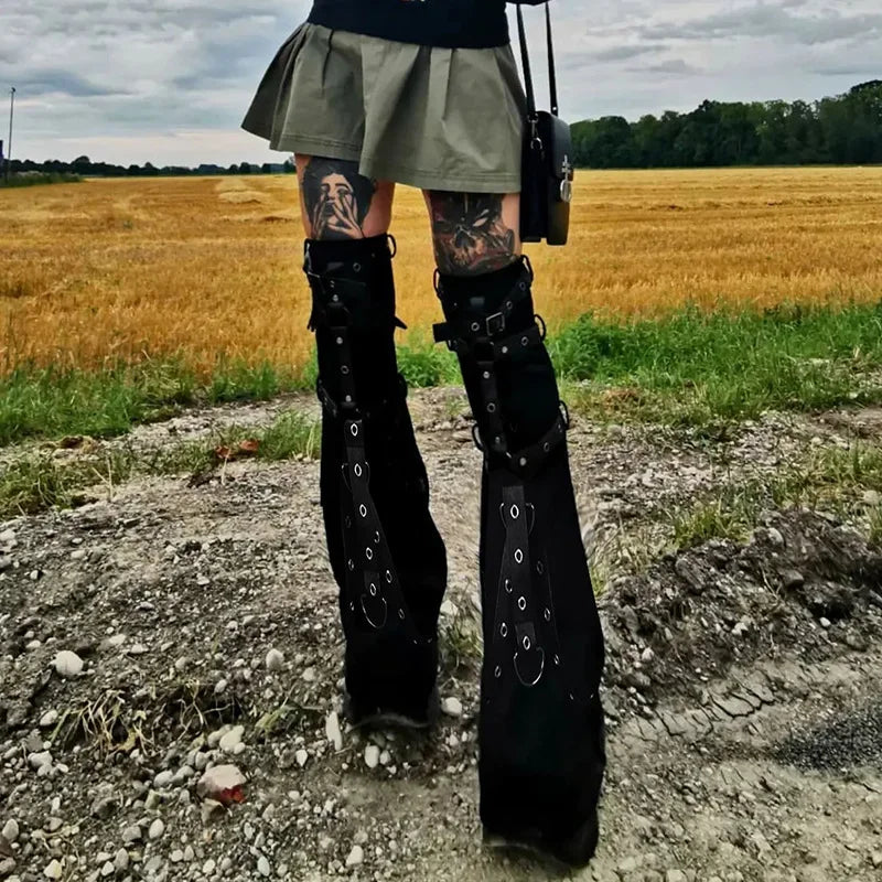 Harajuku Vintage Dark Punk Style Leather Buckle Leggings Micro Flared Leg Covers Women Spring New Leg Warmers