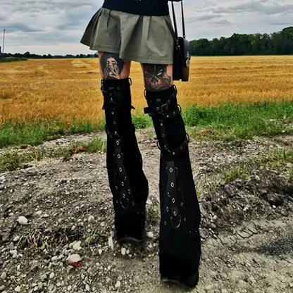 Harajuku Vintage Dark Punk Style Leather Buckle Leggings Micro Flared Leg Covers Women Spring New Leg Warmers