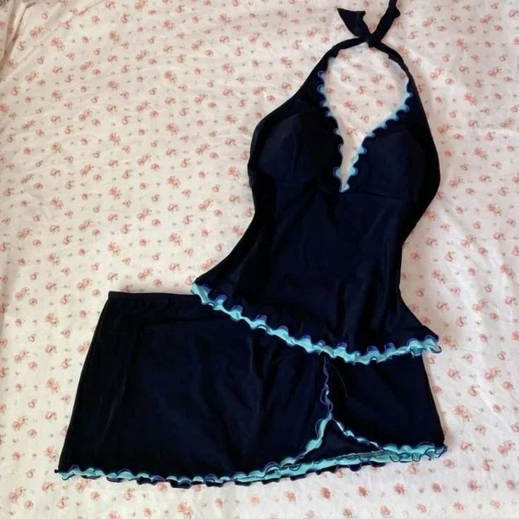 Sweet Spice Girls Halter Patchwork Fungus Set Vests Vacation Casual Slim Swimwears Y2K Goth Korea Chic Ins Elegant Moda Mujer