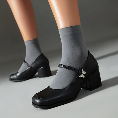 Plus Size Round Toe Thick Heel Metal Butterfly Decoration Office Lady's Shoes With Crossed Thin Straps And Shallow Mouth Pumps