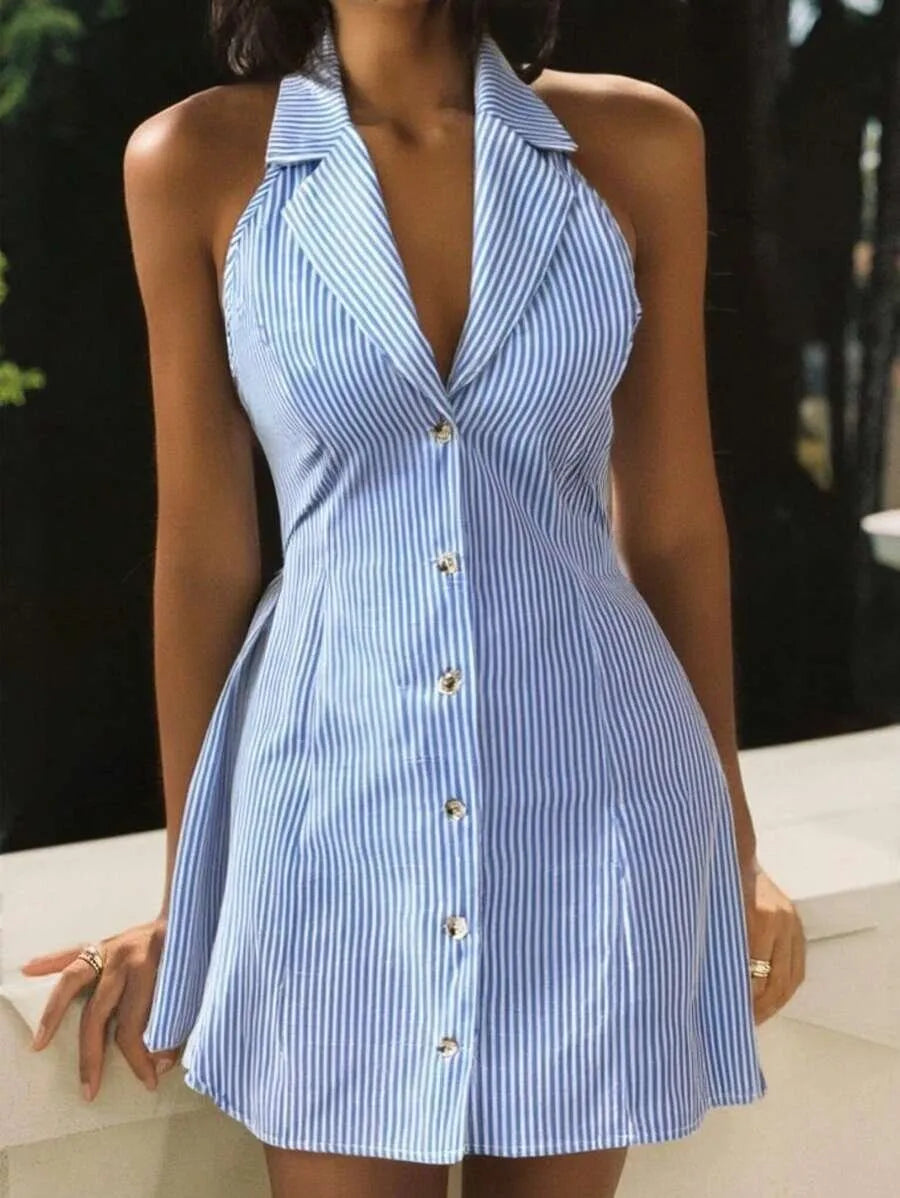Fashion Striped Sleeveless Sexy Backless Strap Bow Button Slim Dress Vacation Summer Hot New Casual Beach Women's Dress