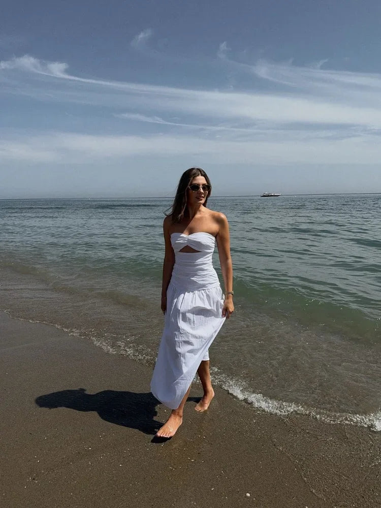Sexy Hollow Pleated Backless Corset Maxi Dress Women Off Shoulder Solid Fashion Slim Dresses 2024 Summer Chic New Beach Robes