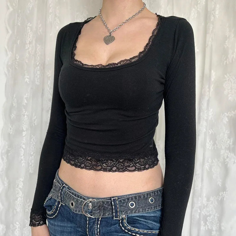 Women Lace Trim Long Sleeve Slim Fits Tops y2k Clothes Basic Harajuku Tees 2000s Graphic T Shirt Vintage