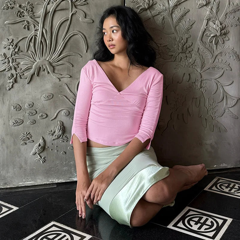 Sexy V-Neck Mid Sleeve Women Top Fashion Solid Color Patchwork Backless Slim T-shirts Y2K Summer Streetwear Casual Tees