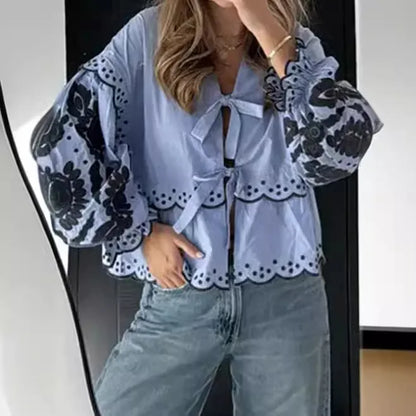 Women's New Fashionable Casual V-neck Lace Up Lantern Sleeve Shirt Embroidered Print