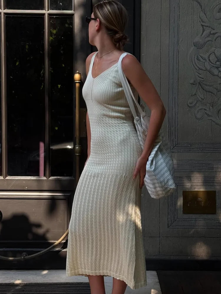 Elegant Solid Knitted Women Long Dress Fashion Sleeveless V Neck Knitting Sling Dresses New Lady Hip Package Slim Vestidos
