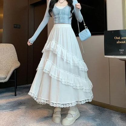 Women Skirts Irregular Lace Split Stretch High Waist Ruffles Spring Summer Sweet Fashion Casual Loose Long Skirt Female