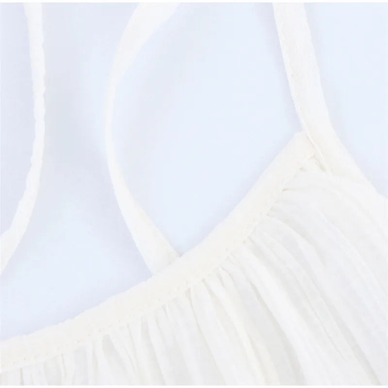 Women White Stacked Ruffle Mini Dress Elegant O-neck Sleeveless Backless A-line Halter Dresses 2025 Summer Lady Beach Vestido
