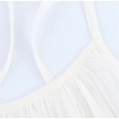 Women White Stacked Ruffle Mini Dress Elegant O-neck Sleeveless Backless A-line Halter Dresses 2025 Summer Lady Beach Vestido