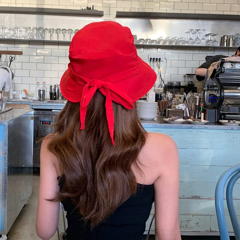 Korean Retro Red Strap Bucket Hats Summer Travel Versatile Sunscreen Show Face Small Sweet Beautiful Women's Caps