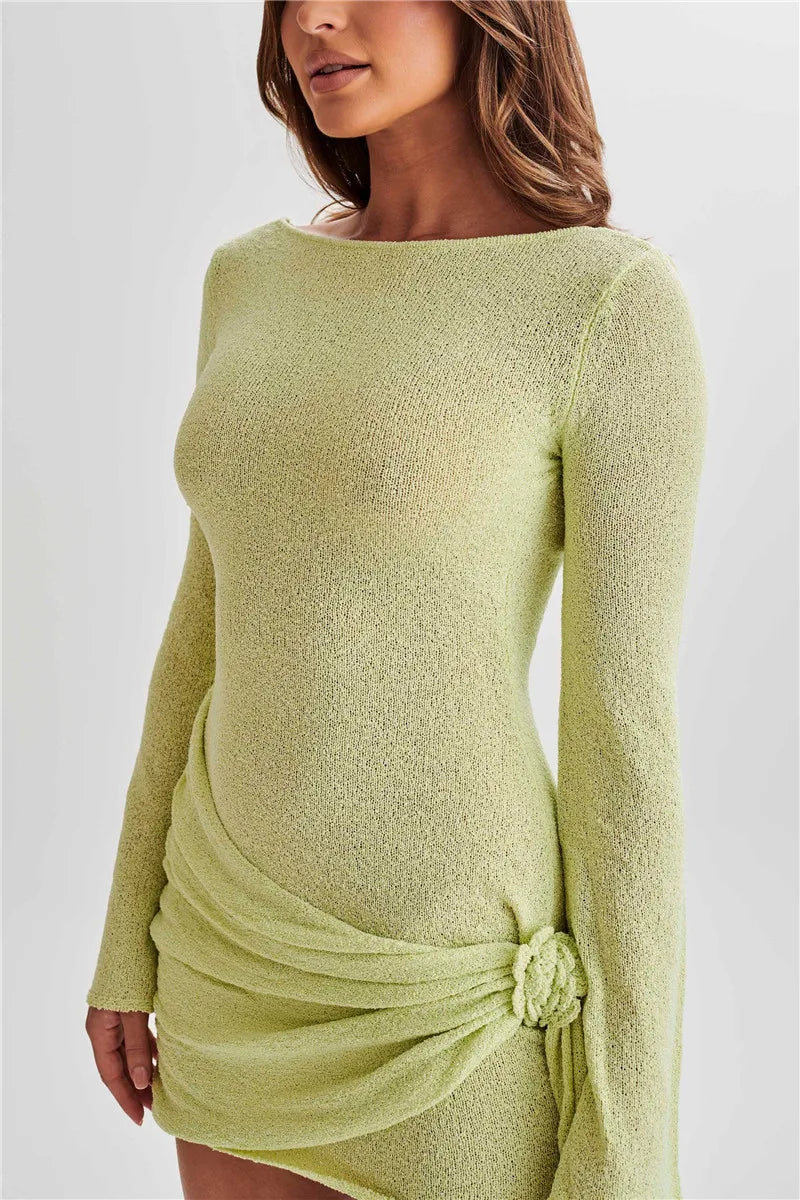 Boucle Knit Boat Neck Bell Sleeve Knot Detail Wrap Mini Dress