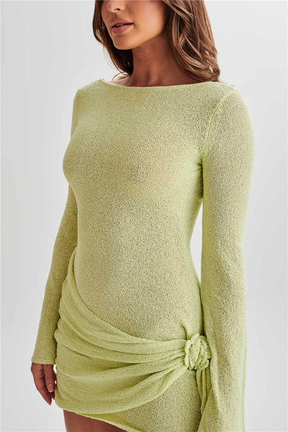 Boucle Knit Boat Neck Bell Sleeve Knot Detail Wrap Mini Dress