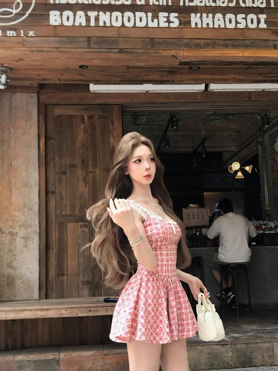 WomenS Pink Plaid Lace Trim Slip Dress Spaghetti Strap Bow Detail Flared Mini Dress Sweet Casual Sundress