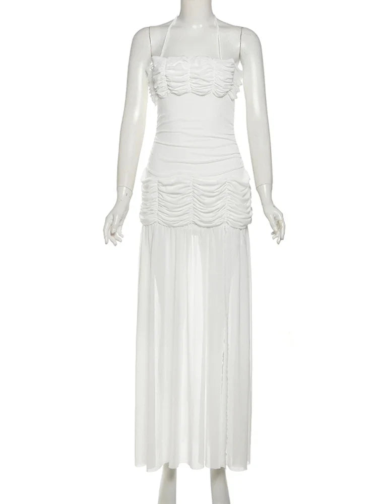 Patchwork Mesh Maxi Dress Women High Slits Folds Halter Bandage Backless Sleeveless Elegant Temperament Banquet Vestidos