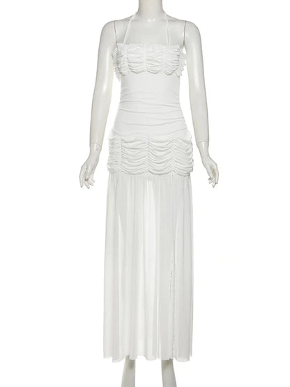 Patchwork Mesh Maxi Dress Women High Slits Folds Halter Bandage Backless Sleeveless Elegant Temperament Banquet Vestidos