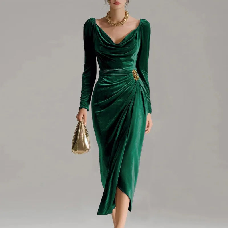 Women Elegant Metal Buckle Ruched Asymmetrical Velvet Dress Sexy Swinging Collar Full Sleeve Bodycon Slit Party Long Robe