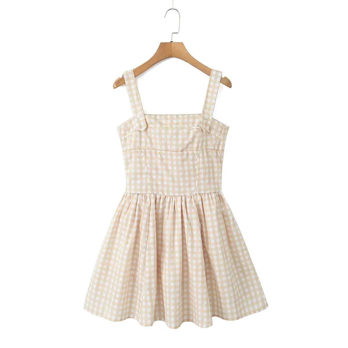 Gingham Check Square Neck Princess Seam Pleated Ball Gown Mini Dress