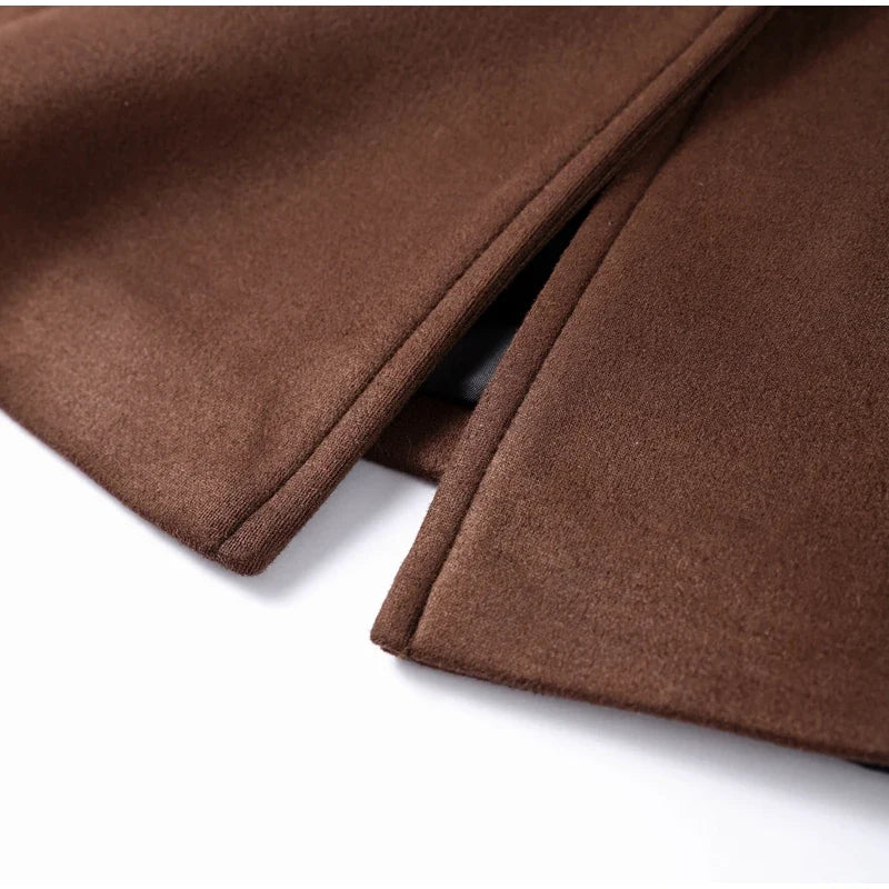 Suit Suede Leather Coat Women Brown Lapel Pocket Single Button Mid Length Jackets 2025 Spring Vintage Fashion Lady Outwear Top